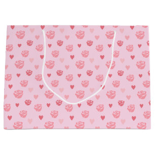 Stenciled Pink Rose and Hearts Patterned Large Gift Bag