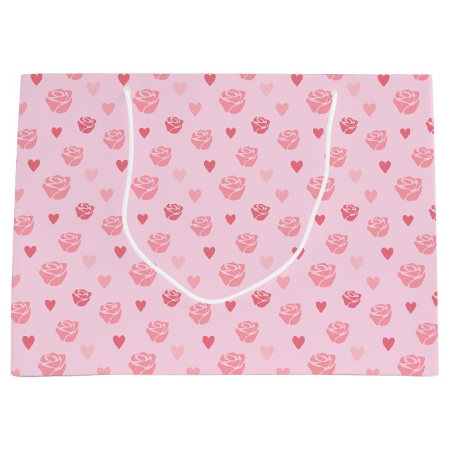 Stenciled Pink Rose and Hearts Patterned Large Gift Bag (Front)
