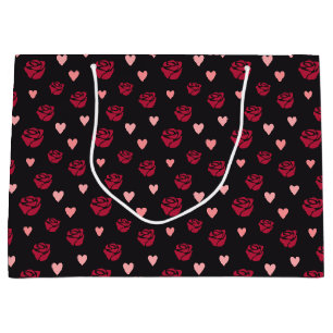 Stenciled Red Rose and Hearts Patterned Large Gift Bag