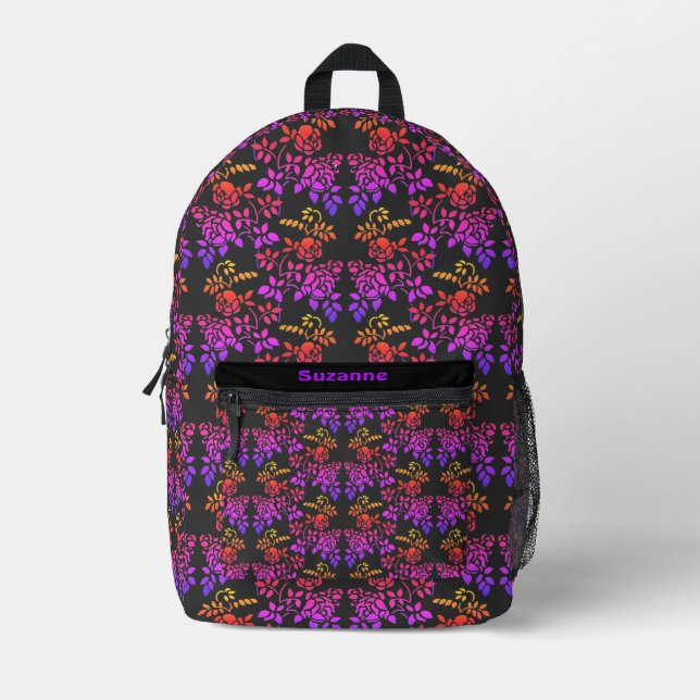 Stenciled Rose Flowers Pattern Personalised Printed Backpack (Front)