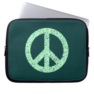 Stencilled Peace Symbol - Ghost Grn on Dk Grn Laptop Sleeve