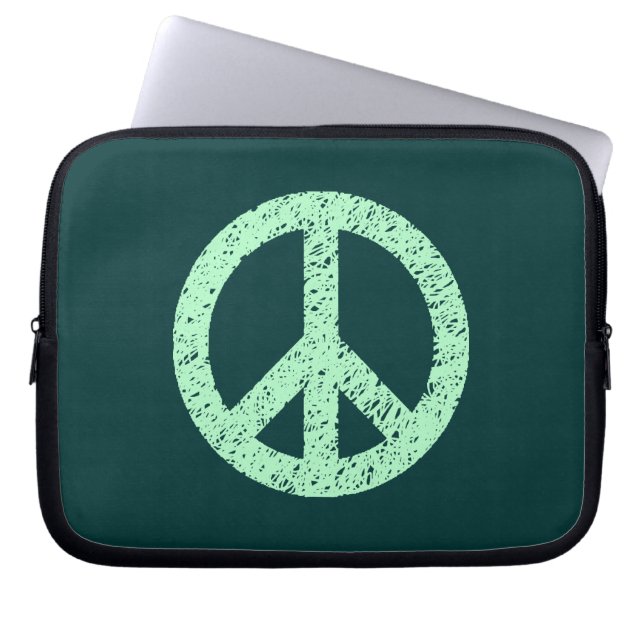 Stencilled Peace Symbol - Ghost Grn on Dk Grn Laptop Sleeve (Front)