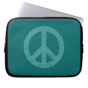 Stencilled Peace Symbol - Ocean Grn on Teal Laptop Sleeve