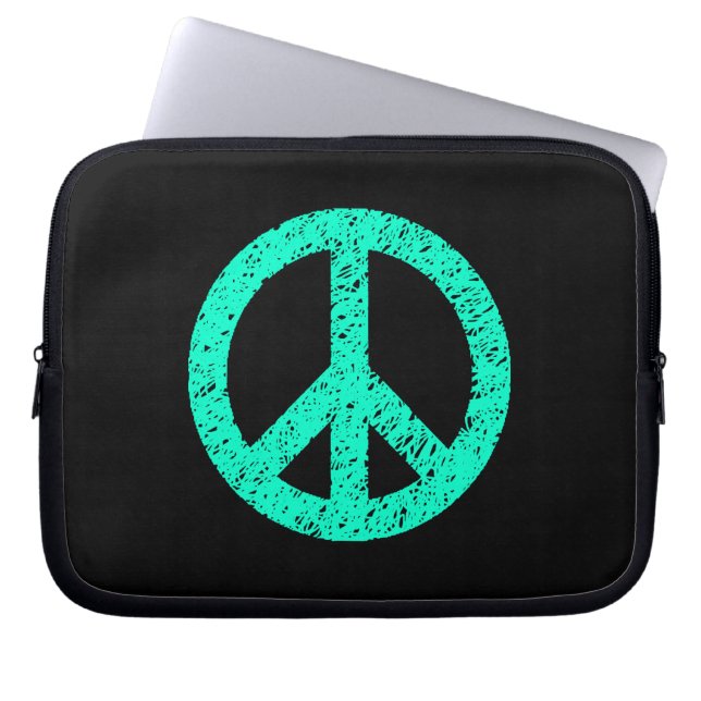 Stencilled Peace Symbol - Turquoise on Blk Laptop Sleeve (Front)