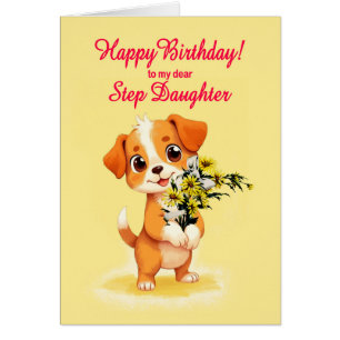 Step Daughter Birthday Puppy and Flowers 