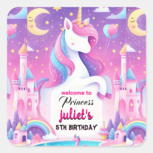 Step girly cute purple pink unicorn 5th birthday square sticker