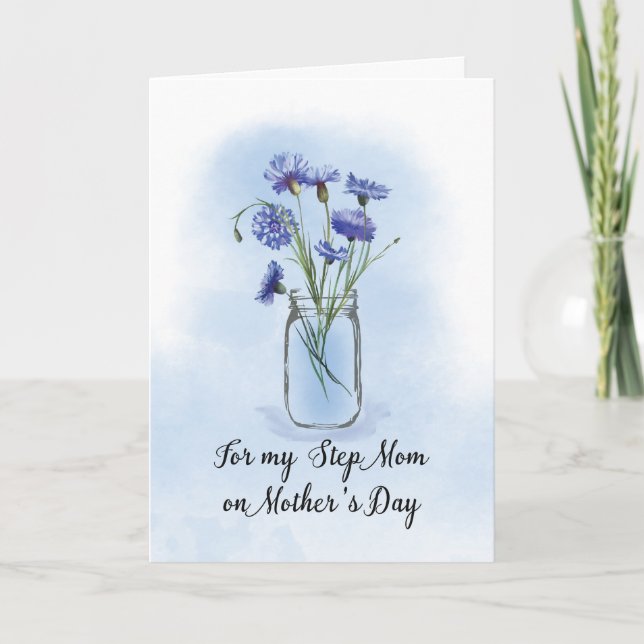 Step Mum Mothers Day Cornflowers in Mason Jar Card (Front)