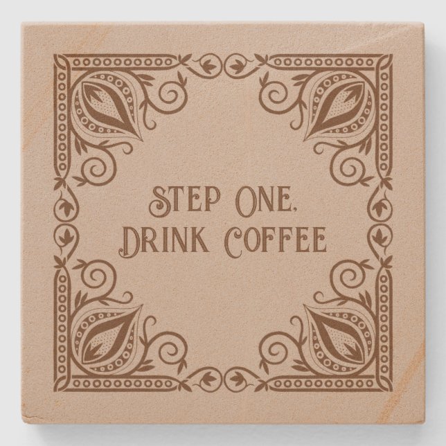 Step One Drink Coffee Lotus & Vines Decorative Stone Coaster (Front)