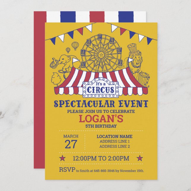 Step Right Up! Gold Editable Circus Birthday  Invitation (Front/Back)