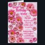 Step Sister Special Birthday Wishes Pink Daisies<br><div class="desc">A beautiful birthday card for a step-sister. A wonderful birthday card full of pink daisies. A lovely heartfelt verse completes the lovely feeling this card brings. send sincere birthday wishes to someone special.</div>