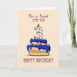 Step Son 3rd Birthday, 3 on Sweet Blue Cake Card