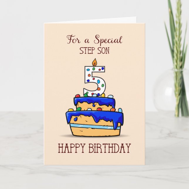 Step Son 5th Birthday, 5 on Sweet Blue Cake Card (Front)