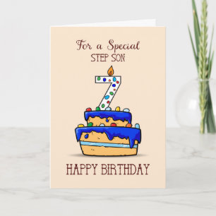 Step Son 7th Birthday, 7 on Sweet Blue Cake Card