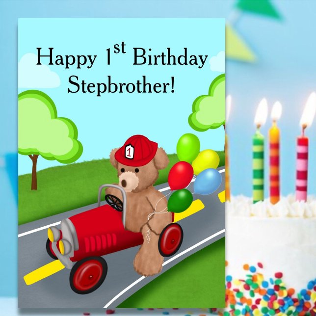 Stepbrother 1st Birthday Teddy Bear Firetruck Card (Creator Uploaded)