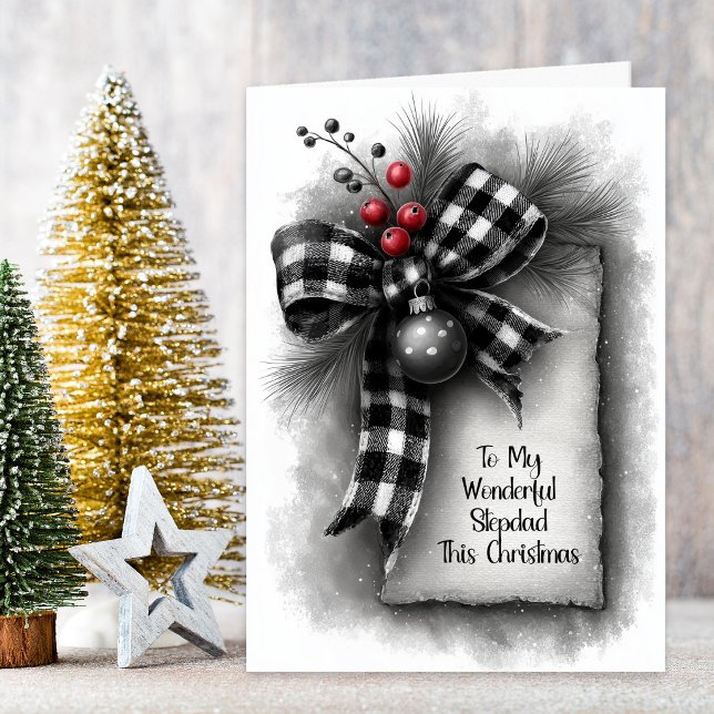 Stepdad Buffalo Plaid Bow Christmas Holiday Card (Creator Uploaded)