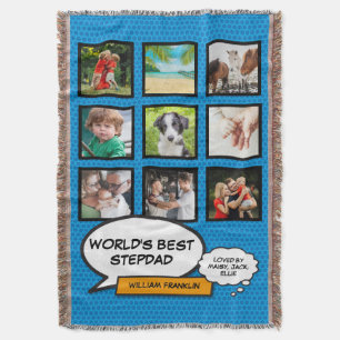 Stepfather, Stepdad 9 Photo Comic Book Fun Blue Throw Blanket