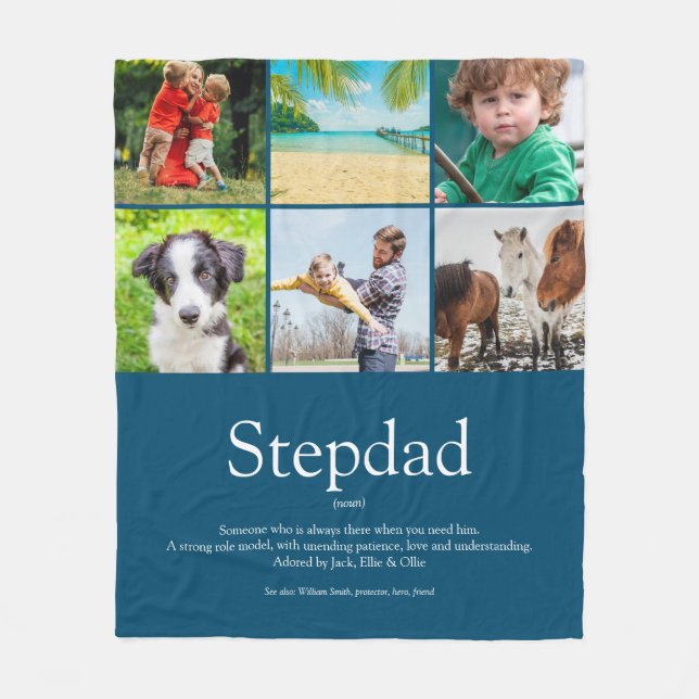 Stepfather Stepdad Definition 6 Photo Collage Blue Fleece Blanket (Front)