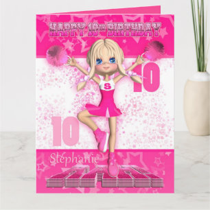Stephanie 10th Birthday Card Pink Cheerleader