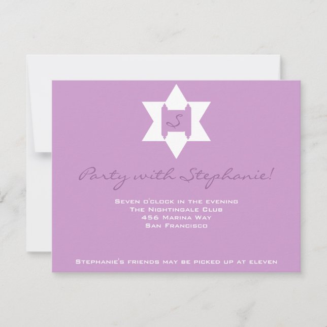 Stephanie Tess Bat Mitzvah Reception Purple Invitation (Front)