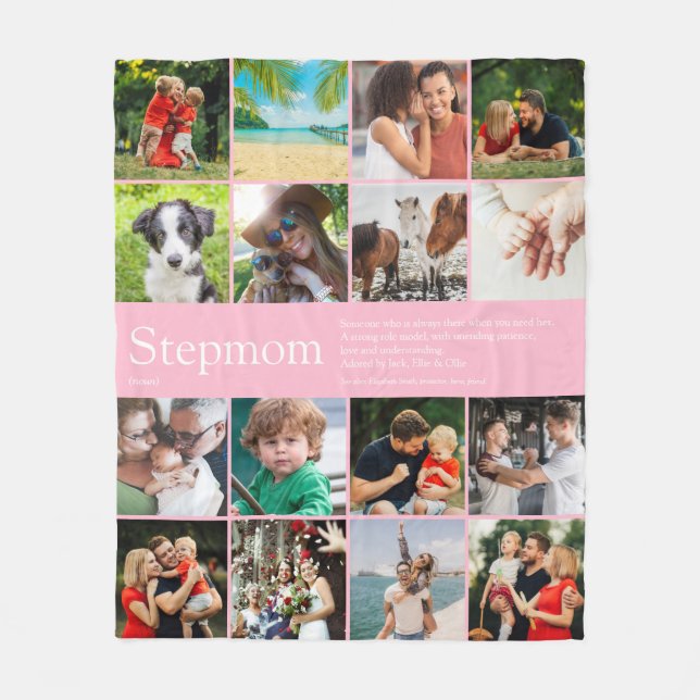 Stepmom Bonus Mum Definition Photo Collage Pink Fleece Blanket (Front)