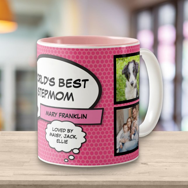 Stepmom, Stepmother, Bonus Mum 4 Photo Fun Pink Two-Tone Coffee Mug (Creator Uploaded)