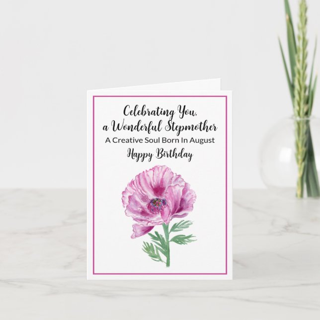 Stepmother Happy August Birthday Purple Poppy Card (Front)
