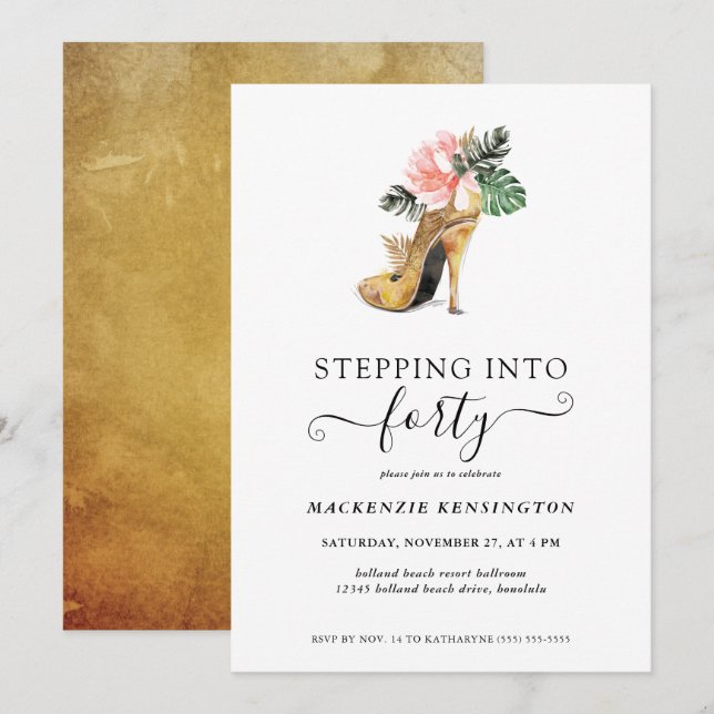 Stepping Into 40 Chic Floral Gold Heels Birthday Invitation (Front/Back)