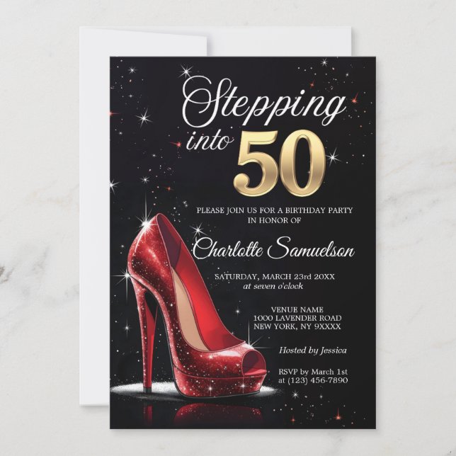 Stepping into 50 BIRTHDAY Red High Heels Fifty Invitation (Front)