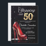 Stepping into 50 BIRTHDAY Red High Heels Fifty Invitation<br><div class="desc">Gorgeous Invitations for that sassy woman turning 50!  Stepping into 50 / Fifty & Fabulous with red high heal and 50 in gold on black background. Sparkling glitter.  Get matching BIRTHDAY PARTY decoration.</div>