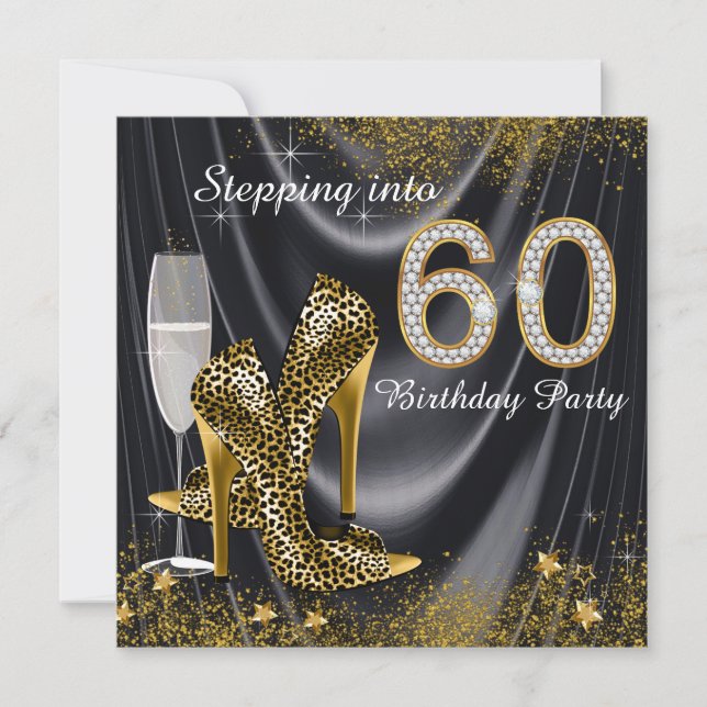 Stepping Into 60 Birthday Party Black Satin Invitation (Front)