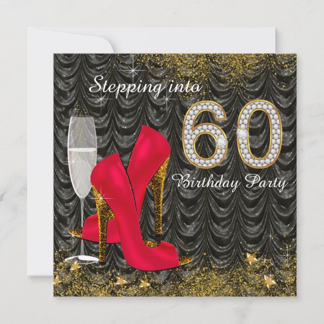 Stepping Into 60 Birthday Party Glitter Satin Red Invitation (Front)