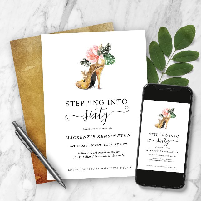 Stepping Into 60 Chic Floral Gold Heels Birthday Invitation (Creator Uploaded)