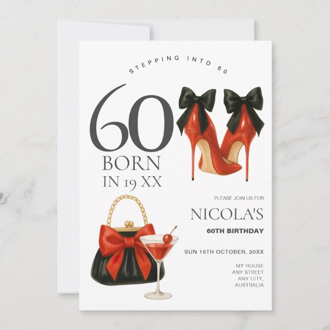 Stepping into 60 Modern Red & Black Party Invite (Front)