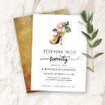 Stepping Into 70 Chic Floral Gold Heels Birthday Invitation<br><div class="desc">Modern, Elegant, "Stepping Into 70" Chic Floral Gold Heels Birthday Party Invitation featuring our glamourous glitzy watercolor gold high heel surrounded by pink and green tropical flowers. If you love shoes, you’re in the right place. Our chic glitzy watercolor gold high heel birthday party invitation is perfect for celebrating that...</div>