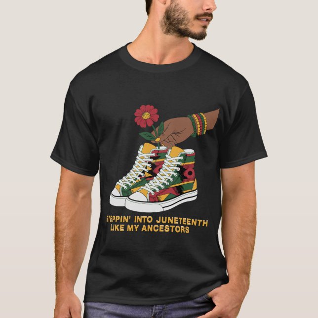 Stepping Into Juneteenth Afro Woman Black Pride T-Shirt (Front)