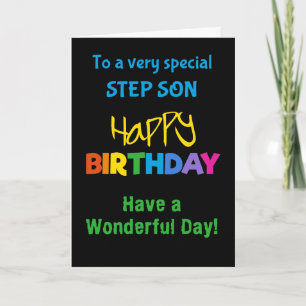 Stepson Rainbow Colours on Black Birthday Card