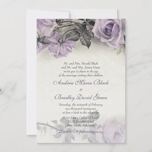Sterling Silver Purple Rose Wedding Invitation (Front)