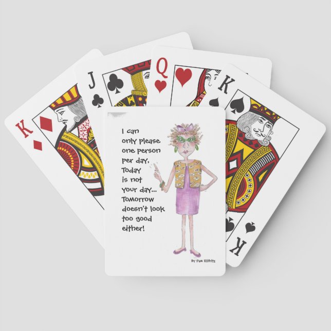 Stern woman warns others she is hard to please playing cards (Back)