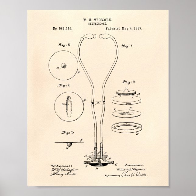 Stethoscope 1897 Patent Art Old Peper Poster (Front)