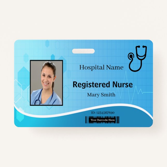 Stethoscope Blue Medical Heartbeat Photo ID ID Badge (Front)