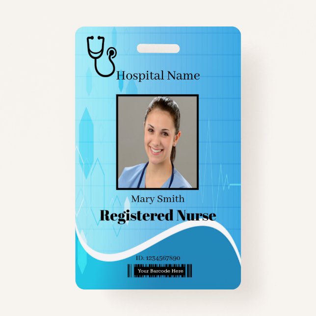 Stethoscope Blue Medical Heartbeat Vertical Photo ID Badge (Front)