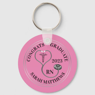 Stethoscope Caduceus RN Congrats Graduate - Pink Key Ring