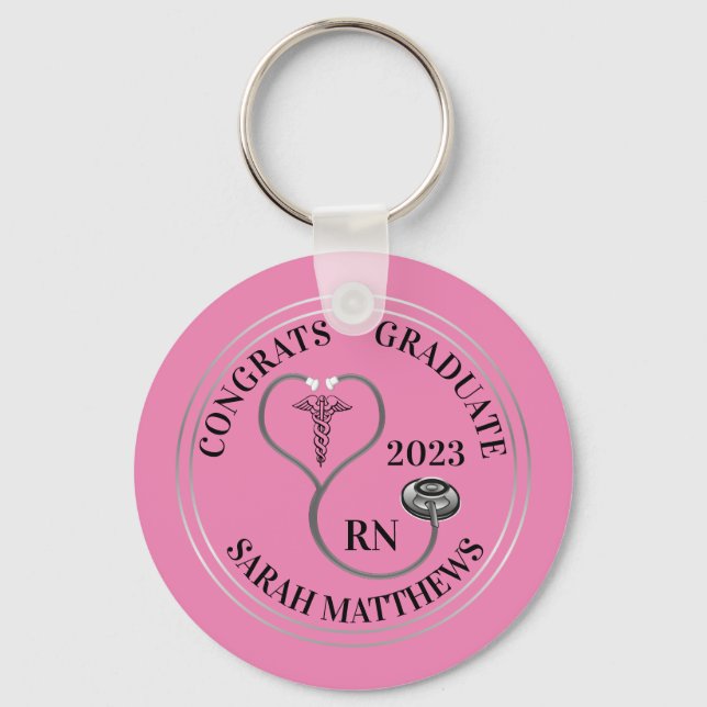 Stethoscope Caduceus RN Congrats Graduate - Pink Key Ring (Front)