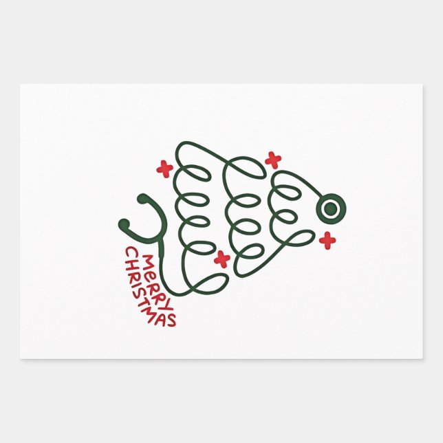 Stethoscope Christmas Tree Lights Nursing Scrubs  Wrapping Paper Sheet (Front)