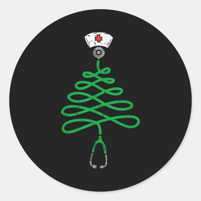 Stethoscope Christmas Tree Nurse Christmas Scrub T Classic Round Sticker (Front)