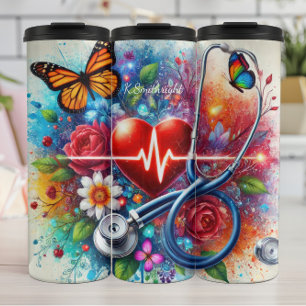 Stethoscope Heart Butterfly Colourful Nurse Thermal Tumbler