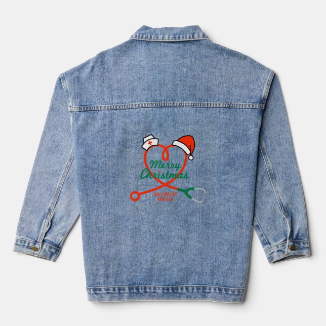 Stethoscope heart with Santa hat Denim Jacket (Back)