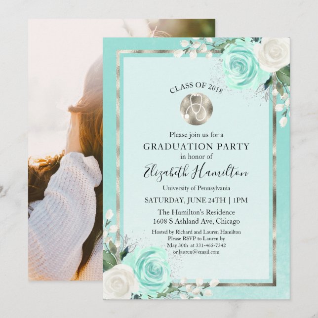 Stethoscope Medical Nursing Grad Party Photo Teal Invitation (Front/Back)