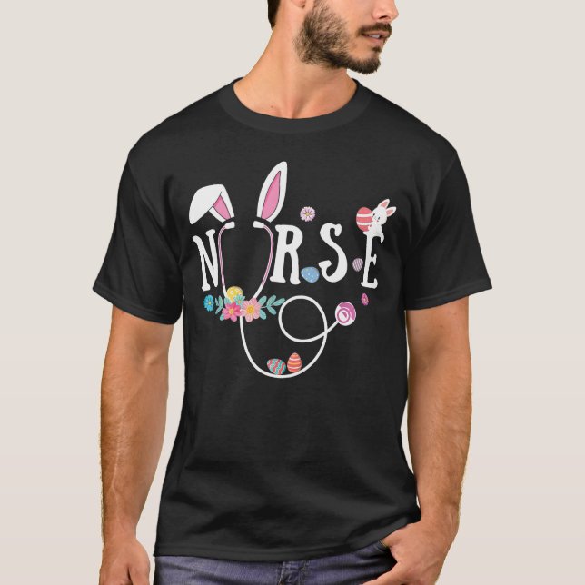 Stethoscope Nurse Tail Easter Bunny Eggs RN CNA T-Shirt (Front)