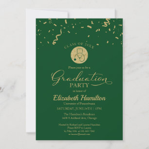 Stethoscope Nursing School Grad Party Gold Green Invitation